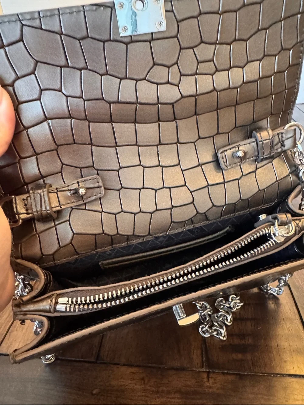 VTG BOTKIER LENOX GUNMETAL CROC LEATHER CHAIN CROSS BODY TOP HANDLE BAG PURSE